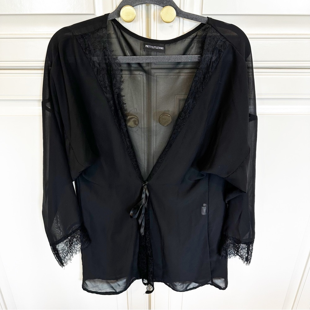 PLT Pretty Little Thing Womens Black Sheer Lace Tie Front Short Robe Lingerie 4 - Picture 3 of 10